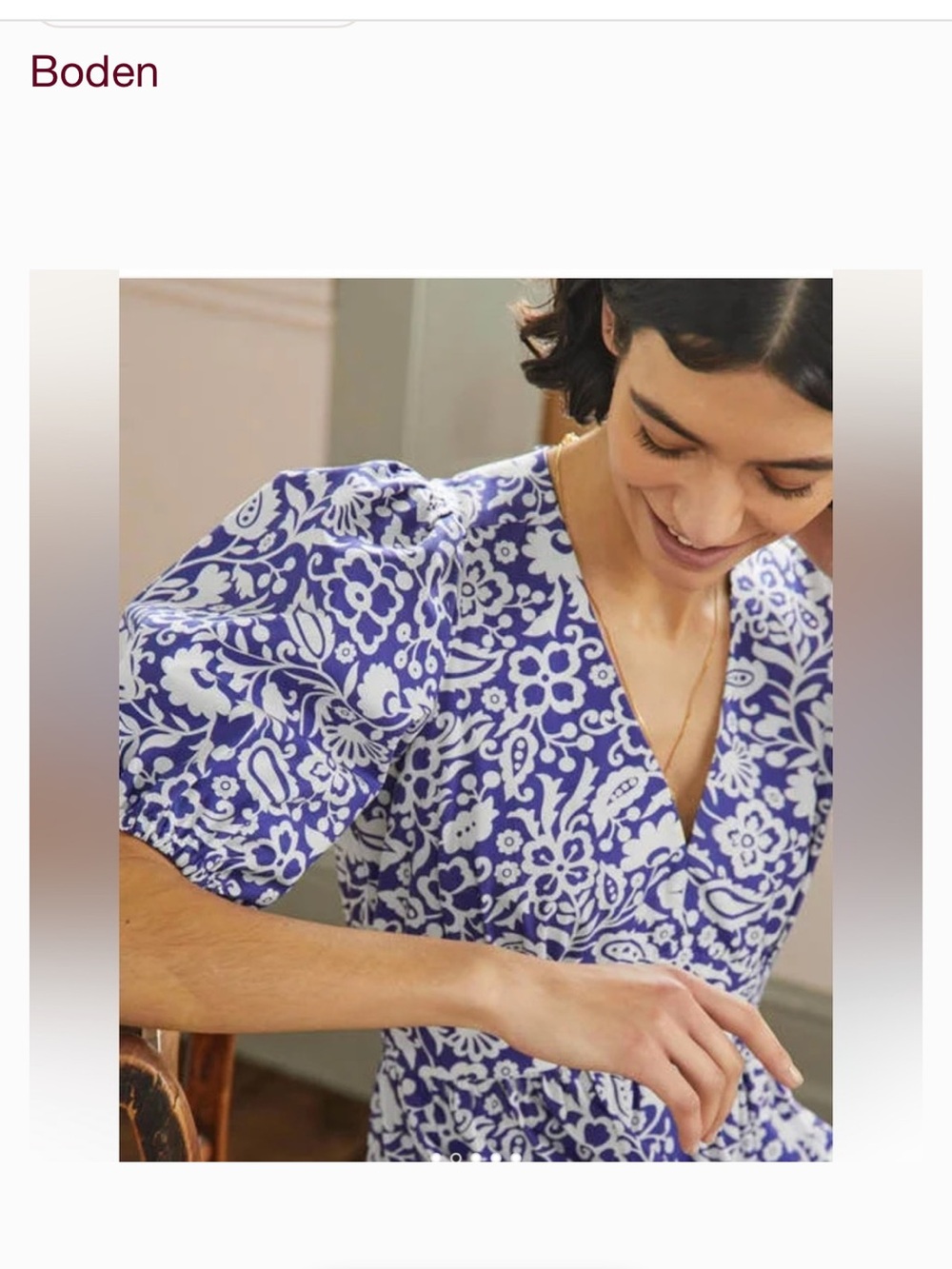 Boden Blue and White Floral Midi Dress - V-Neck Puff Sleeve, tiered midi skirt. - Picture 5 of 11